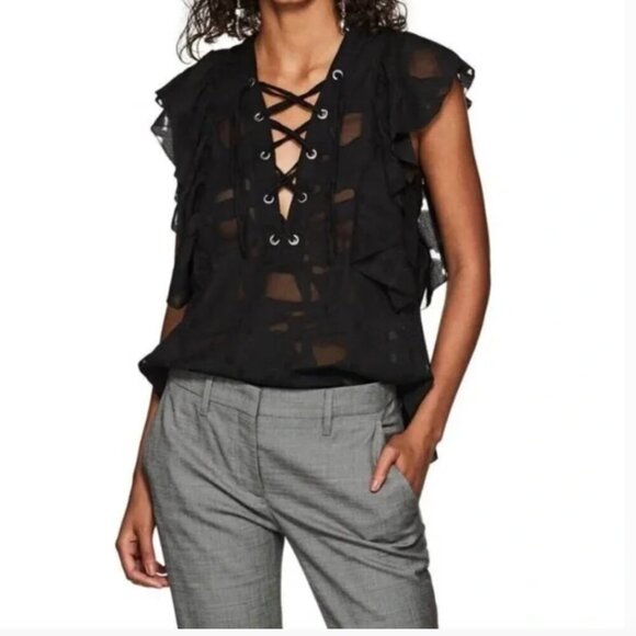 IRO Tops - IRO GILKA BURNOUT LACE UP SHEER RUFFLE V-NECK BLOUSE BLACK SIZE 34/XS